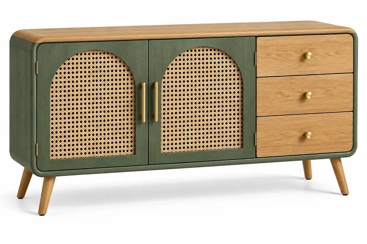 Credenza, ante intrecciate e tre cassetti laterali, verde/marrone