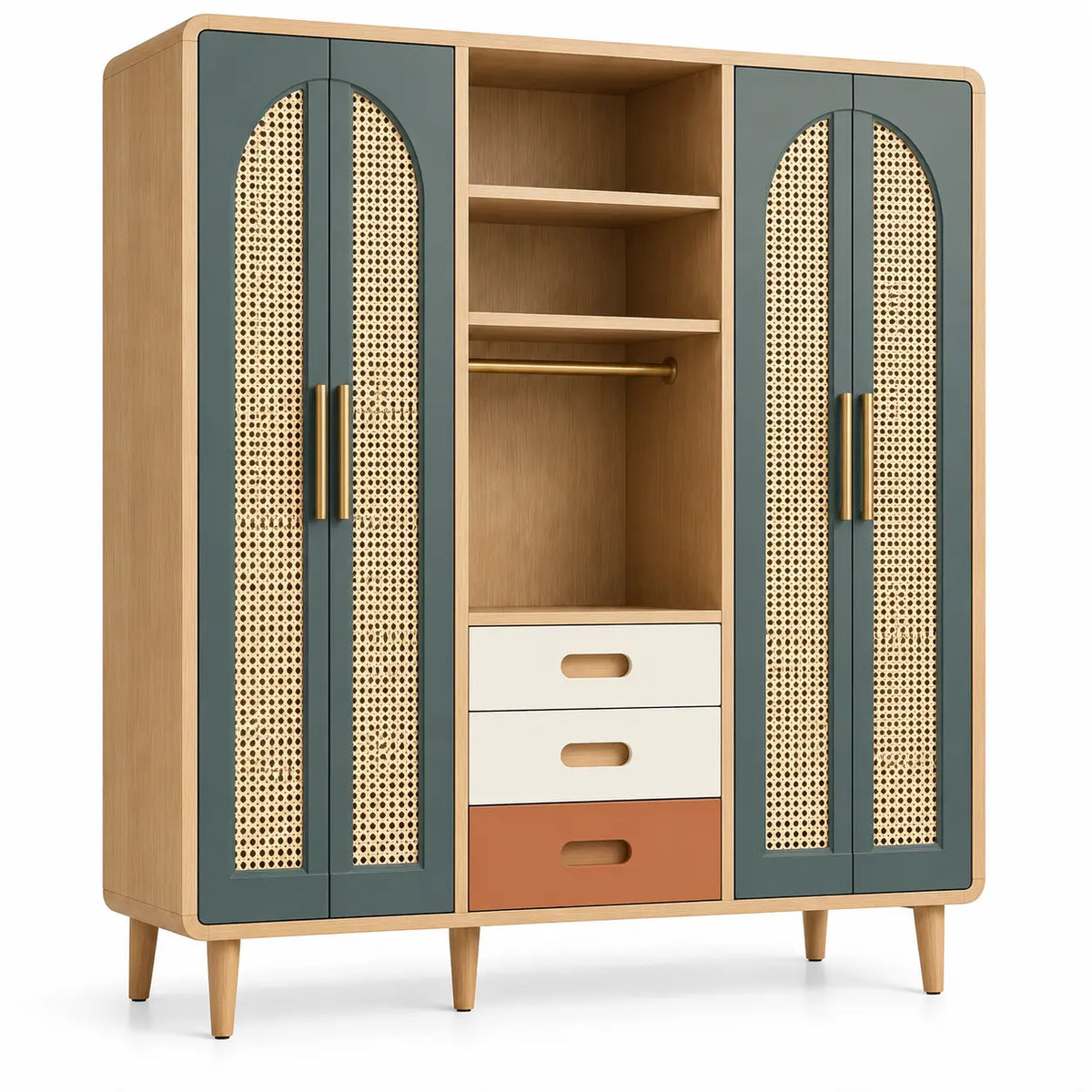 Armadio, ante intrecciate e cassetti centrali, marrone/blu/beige